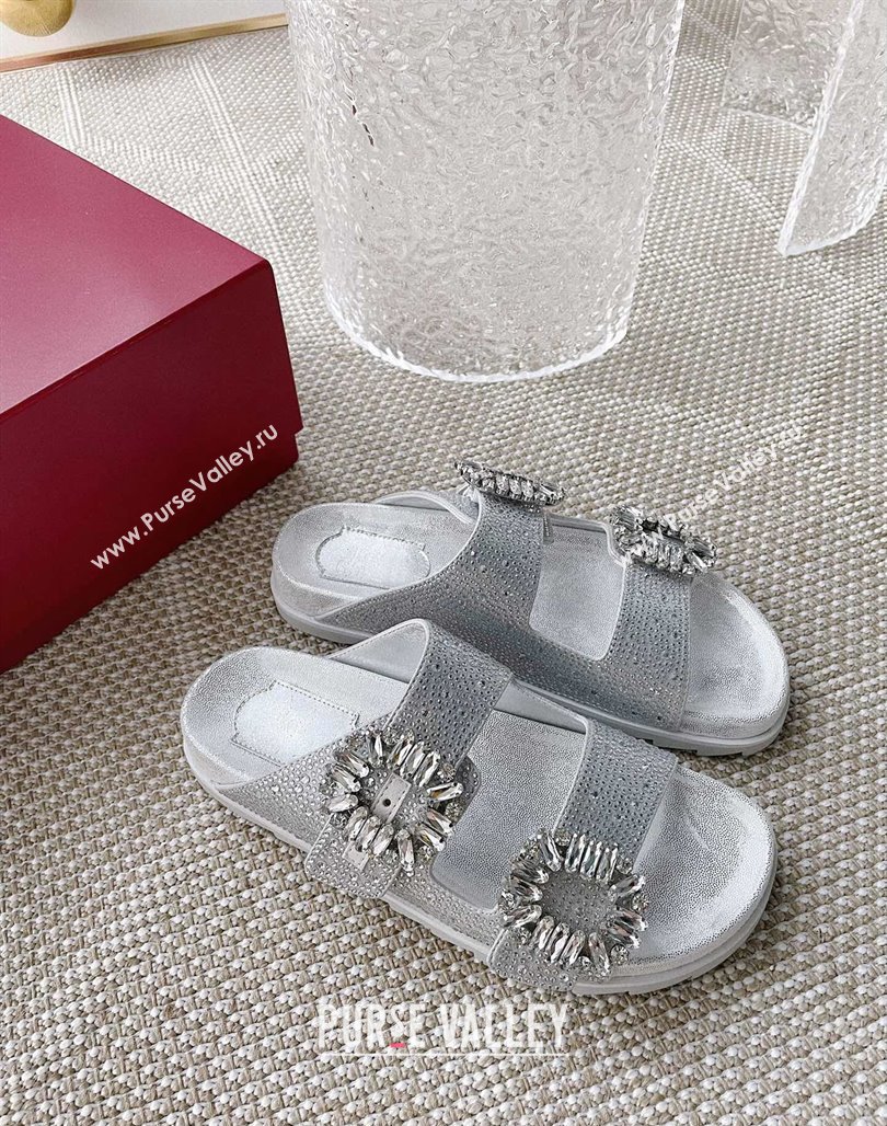 Roger Vivier Slidy Viv Strass Buckle Slides Sandal Silver 2024 0704 (KL-240704038)