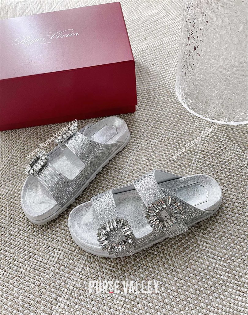 Roger Vivier Slidy Viv Strass Buckle Slides Sandal Silver 2024 0704 (KL-240704038)