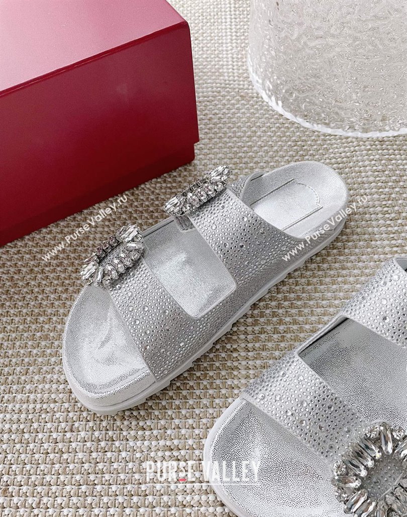 Roger Vivier Slidy Viv Strass Buckle Slides Sandal Silver 2024 0704 (KL-240704038)