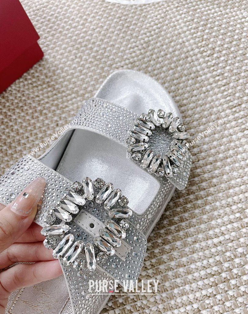 Roger Vivier Slidy Viv Strass Buckle Slides Sandal Silver 2024 0704 (KL-240704038)