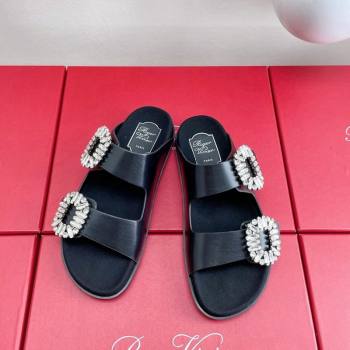 Roger Vivier Slidy Viv Strass Buckle Slides Sandal in Black Leather 2024 0703 (KL-240704042)