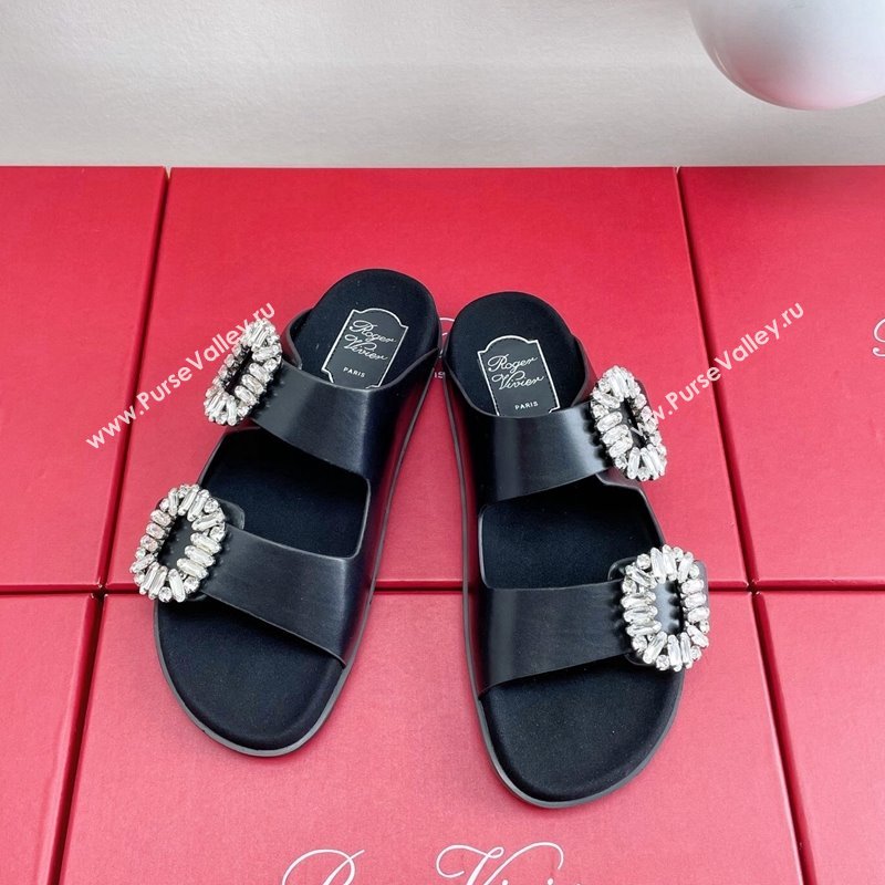 Roger Vivier Slidy Viv Strass Buckle Slides Sandal in Black Leather 2024 0703 (KL-240704042)