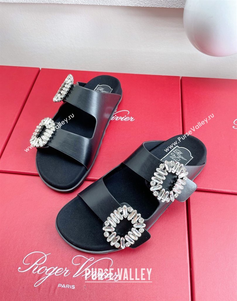 Roger Vivier Slidy Viv Strass Buckle Slides Sandal in Black Leather 2024 0703 (KL-240704042)