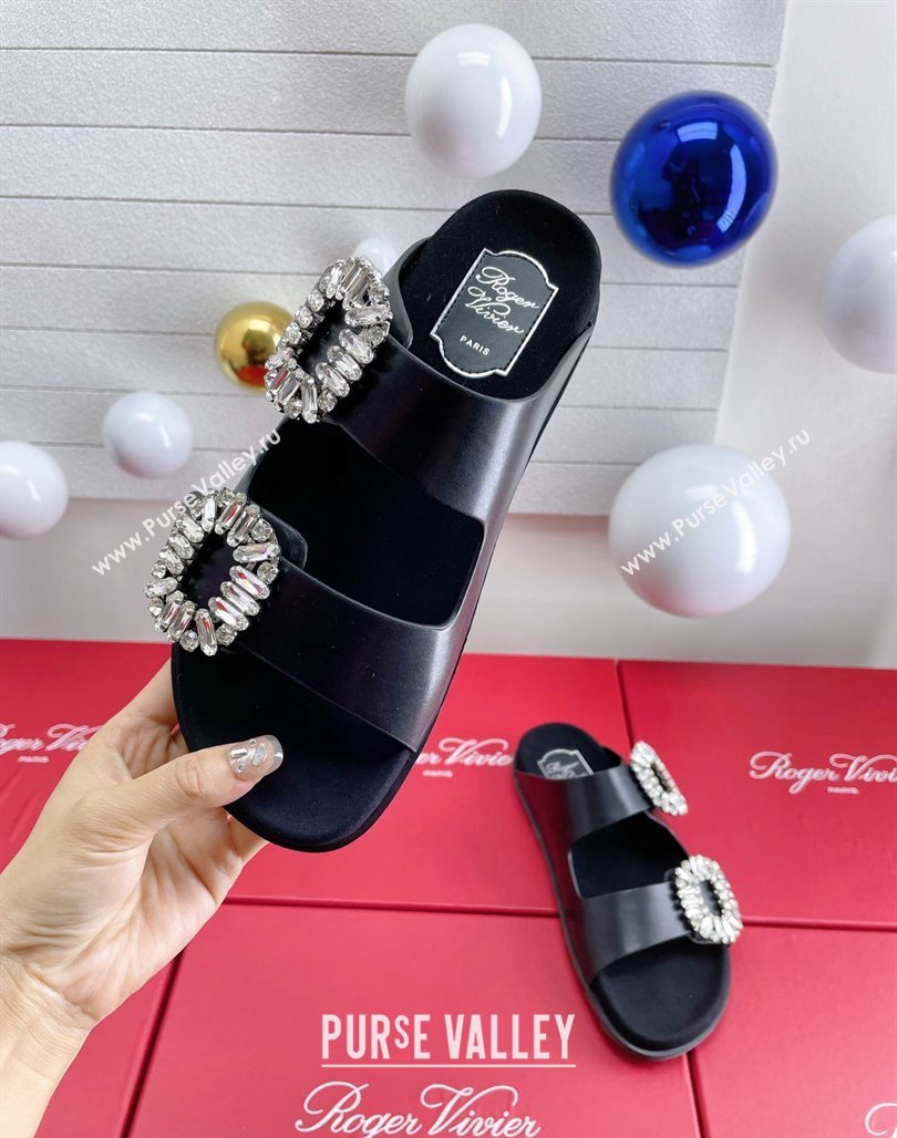 Roger Vivier Slidy Viv Strass Buckle Slides Sandal in Black Leather 2024 0703 (KL-240704042)