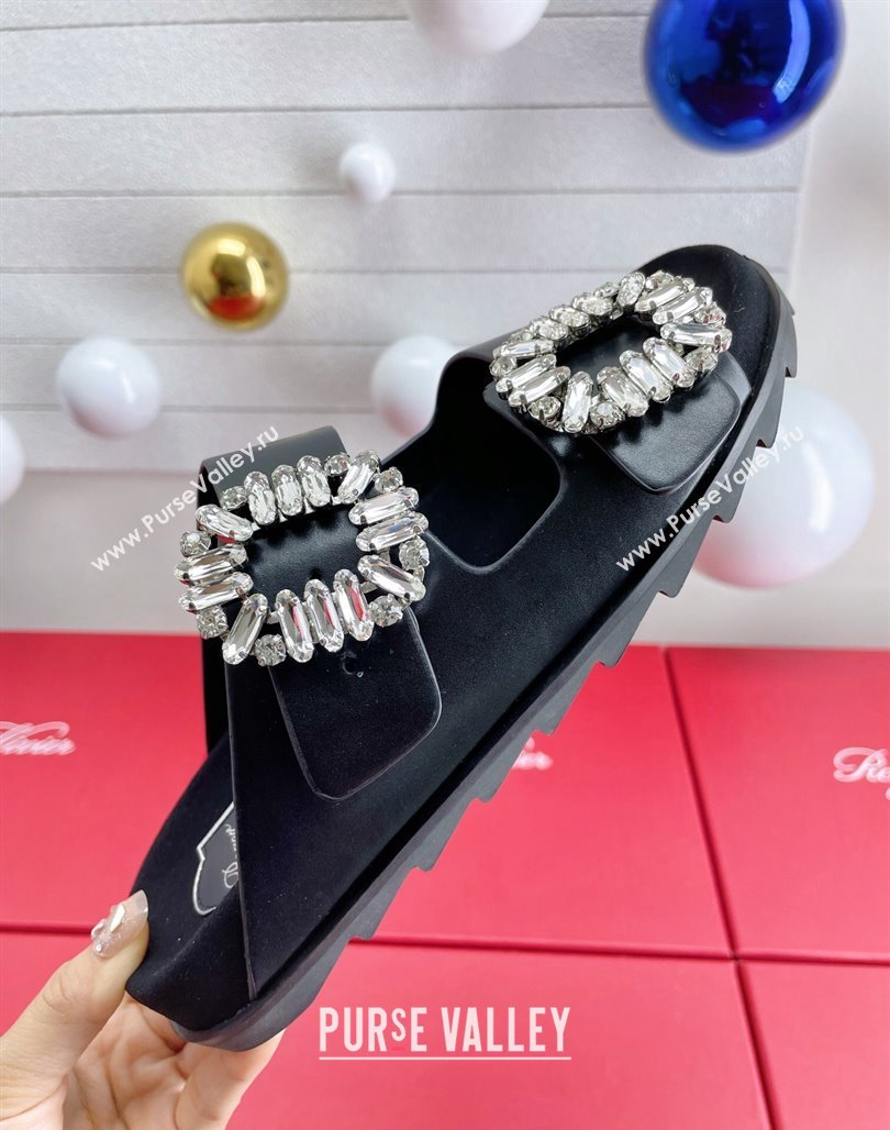 Roger Vivier Slidy Viv Strass Buckle Slides Sandal in Black Leather 2024 0703 (KL-240704042)