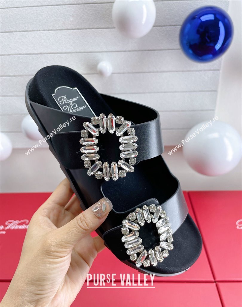 Roger Vivier Slidy Viv Strass Buckle Slides Sandal in Black Leather 2024 0703 (KL-240704042)