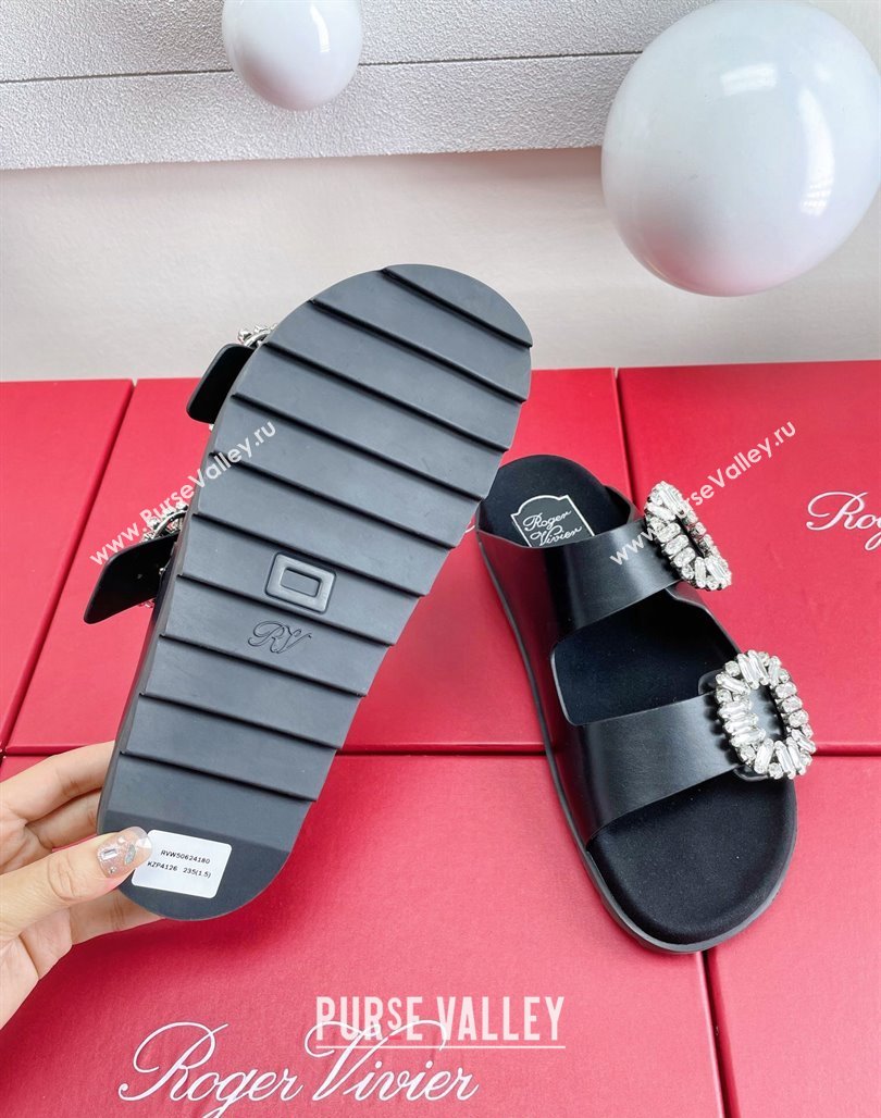 Roger Vivier Slidy Viv Strass Buckle Slides Sandal in Black Leather 2024 0703 (KL-240704042)