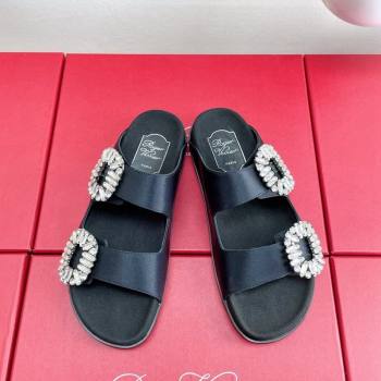 Roger Vivier Slidy Viv Strass Buckle Slides Sandal in Black Satin 2024 0703 (KL-240704043)