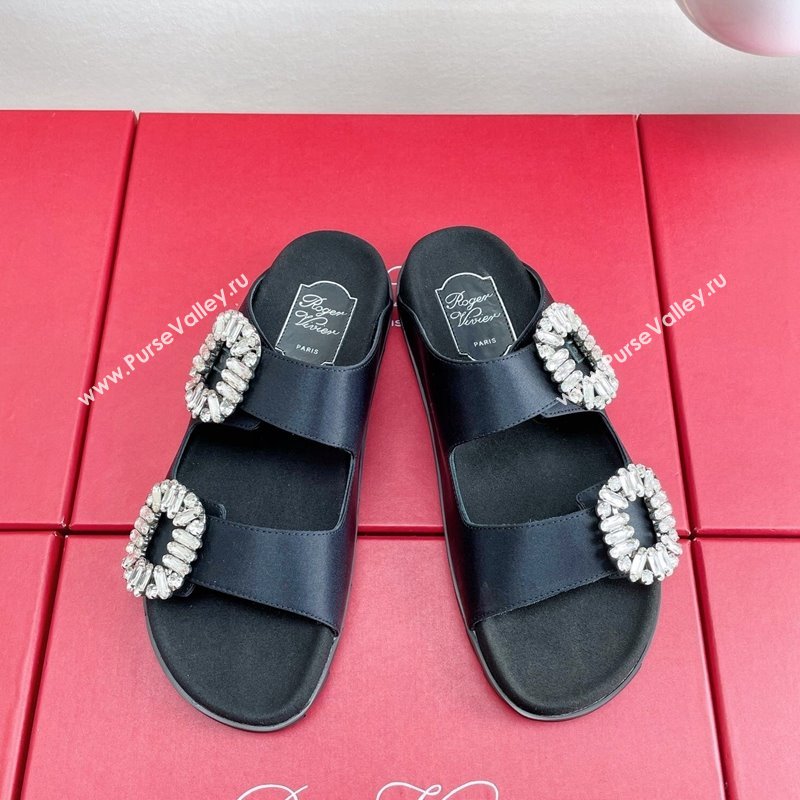 Roger Vivier Slidy Viv Strass Buckle Slides Sandal in Black Satin 2024 0703 (KL-240704043)