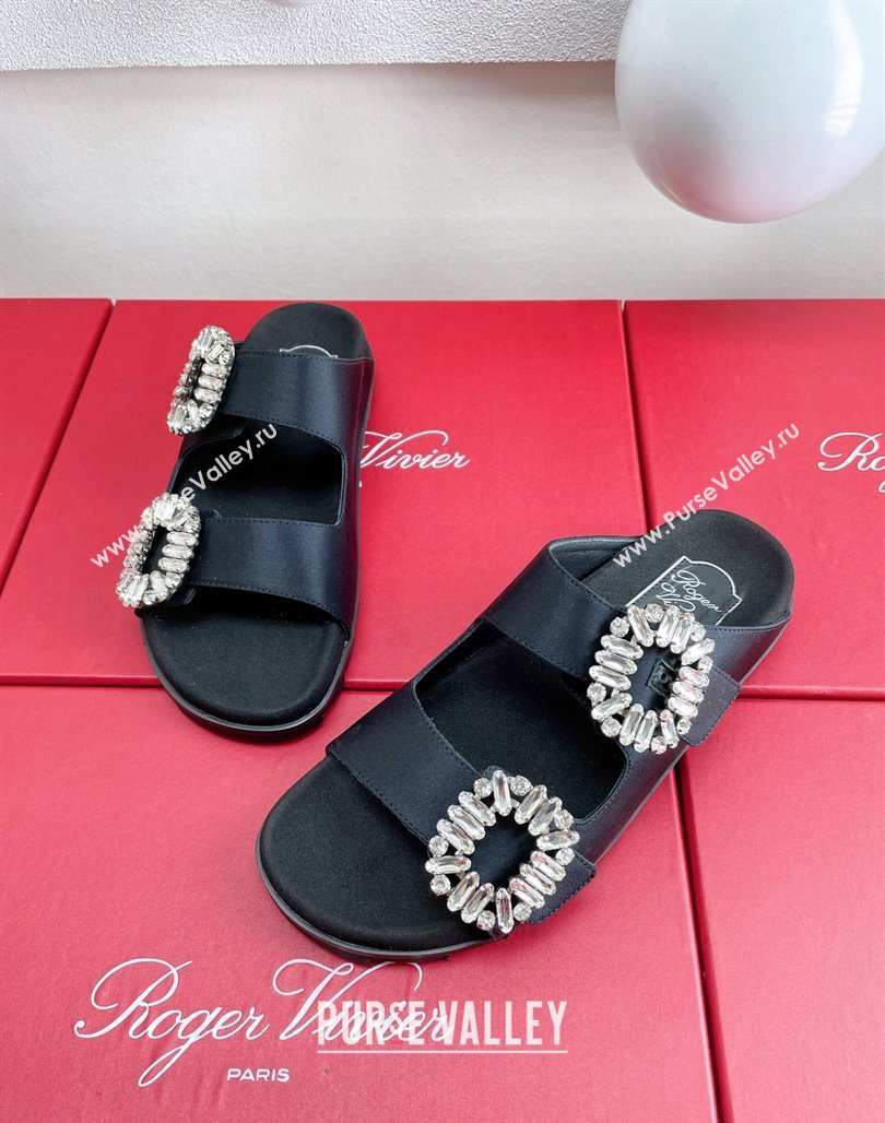 Roger Vivier Slidy Viv Strass Buckle Slides Sandal in Black Satin 2024 0703 (KL-240704043)