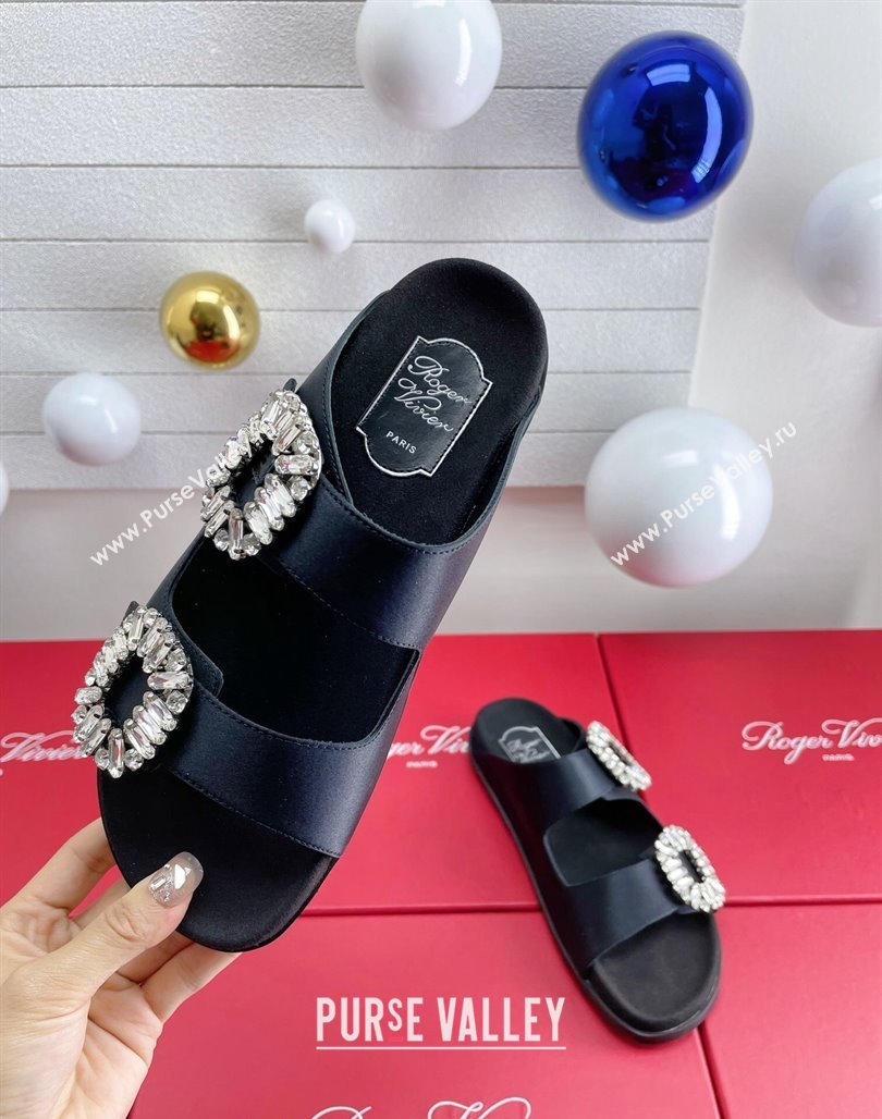 Roger Vivier Slidy Viv Strass Buckle Slides Sandal in Black Satin 2024 0703 (KL-240704043)