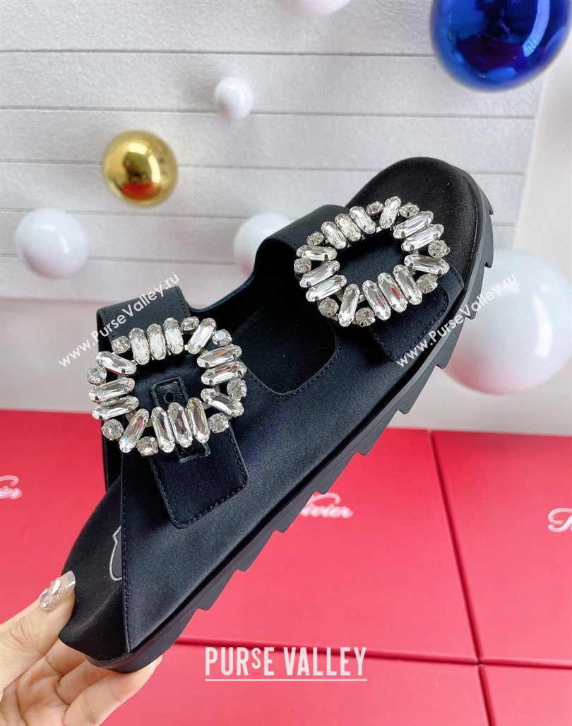 Roger Vivier Slidy Viv Strass Buckle Slides Sandal in Black Satin 2024 0703 (KL-240704043)