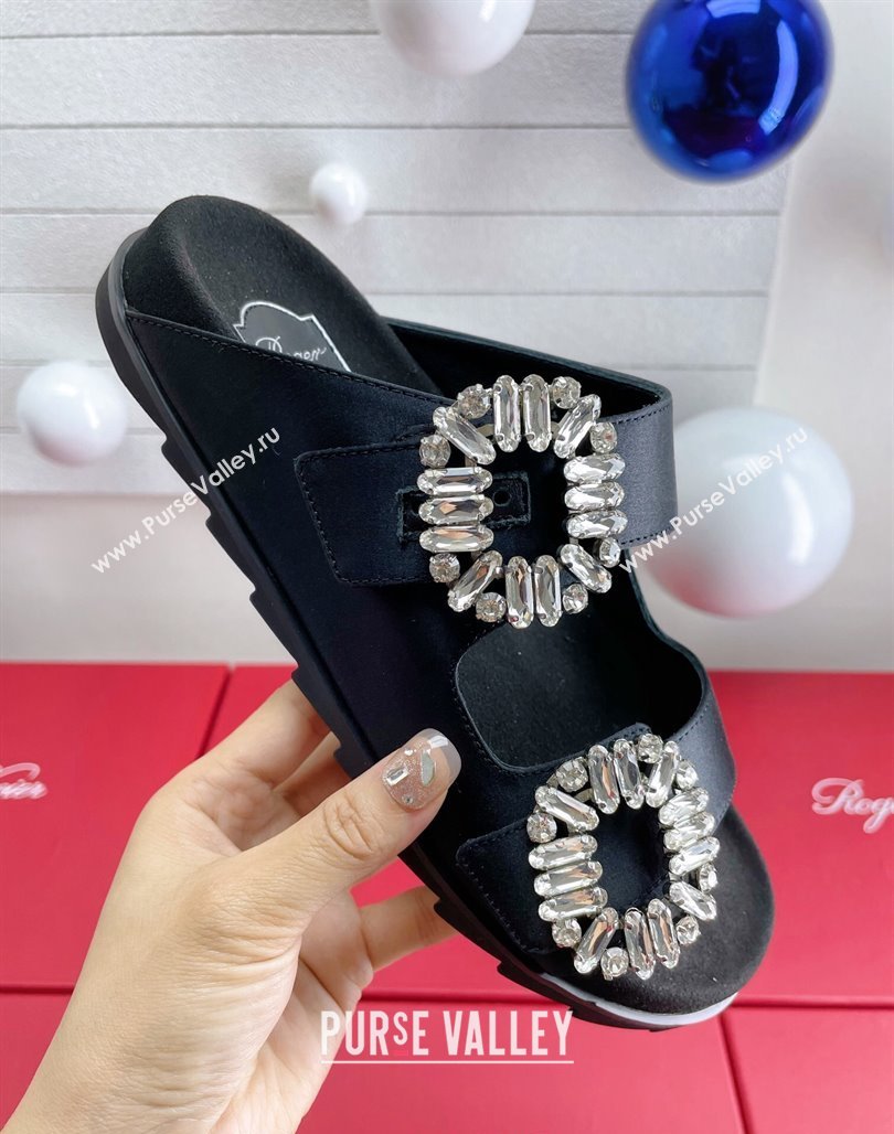 Roger Vivier Slidy Viv Strass Buckle Slides Sandal in Black Satin 2024 0703 (KL-240704043)