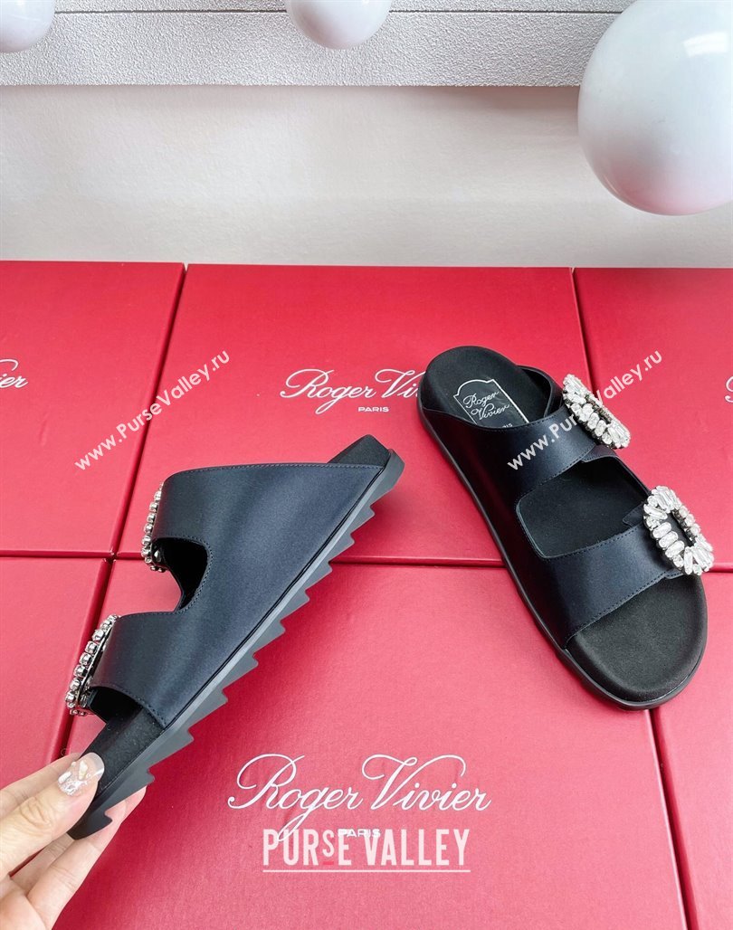 Roger Vivier Slidy Viv Strass Buckle Slides Sandal in Black Satin 2024 0703 (KL-240704043)