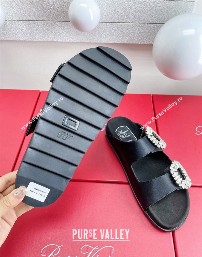 Roger Vivier Slidy Viv Strass Buckle Slides Sandal in Black Satin 2024 0703 (KL-240704043)