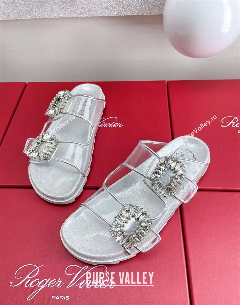 Roger Vivier Slidy Viv Strass Buckle Slides Sandal Clear/Silver 2024 0703 (KL-240704044)