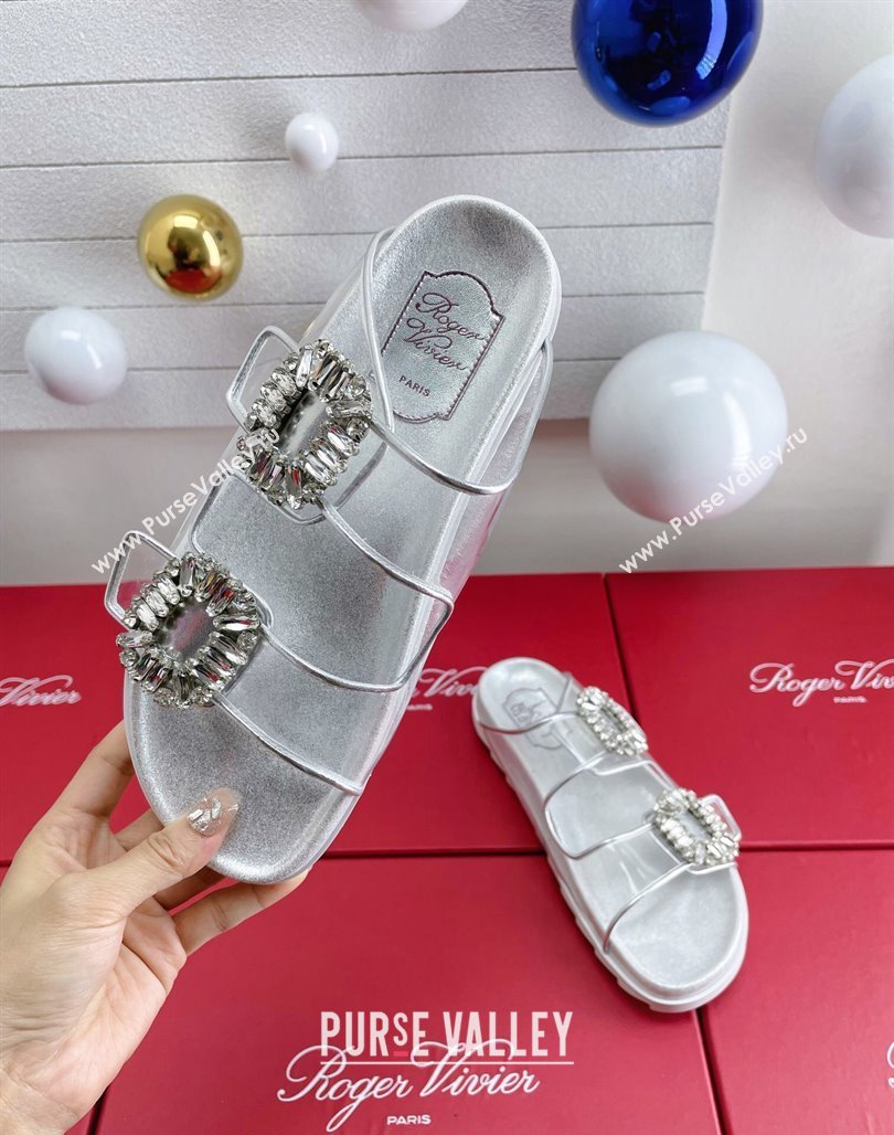 Roger Vivier Slidy Viv Strass Buckle Slides Sandal Clear/Silver 2024 0703 (KL-240704044)