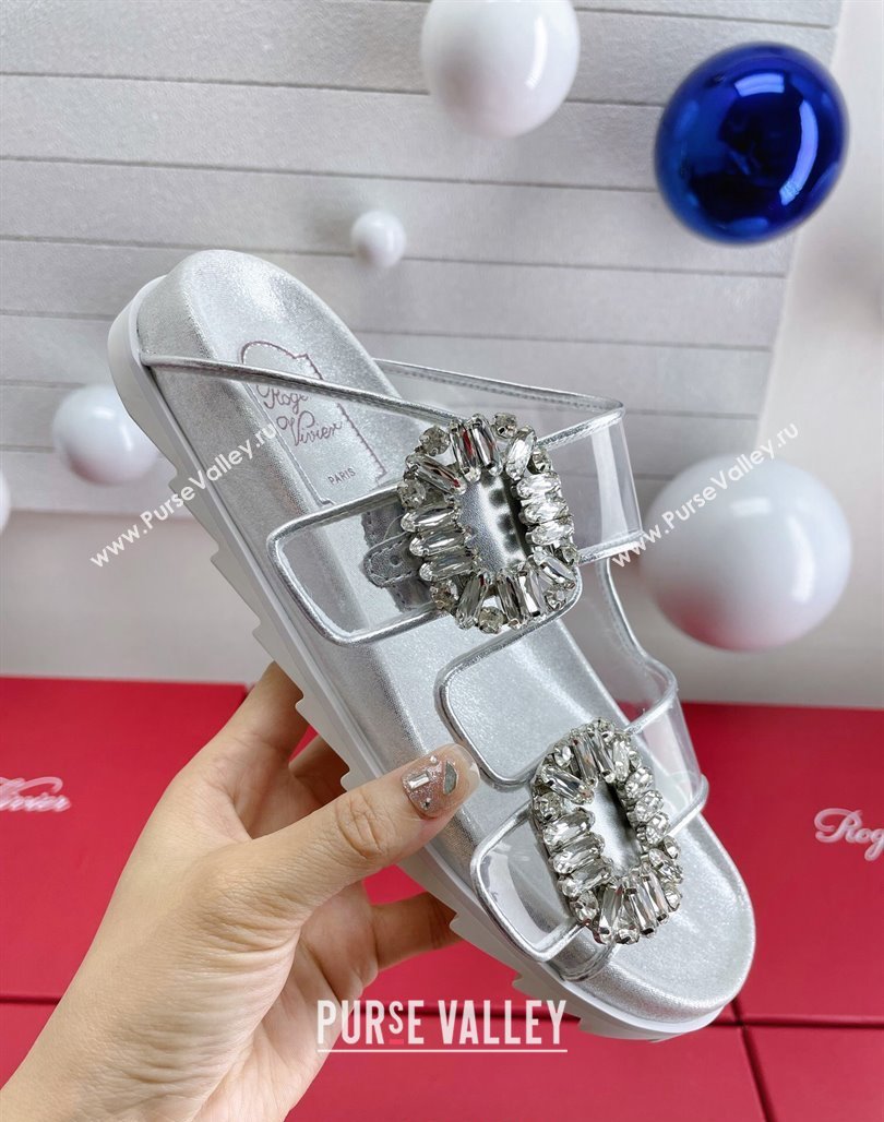 Roger Vivier Slidy Viv Strass Buckle Slides Sandal Clear/Silver 2024 0703 (KL-240704044)