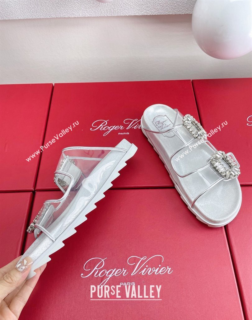 Roger Vivier Slidy Viv Strass Buckle Slides Sandal Clear/Silver 2024 0703 (KL-240704044)