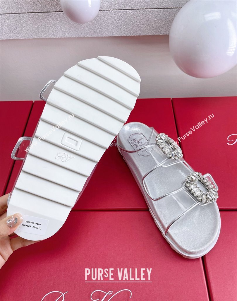 Roger Vivier Slidy Viv Strass Buckle Slides Sandal Clear/Silver 2024 0703 (KL-240704044)