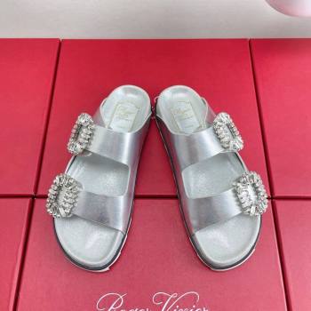 Roger Vivier Slidy Viv Strass Buckle Slides Sandal in Silver Calf Leather 2024 0703 (KL-240704045)