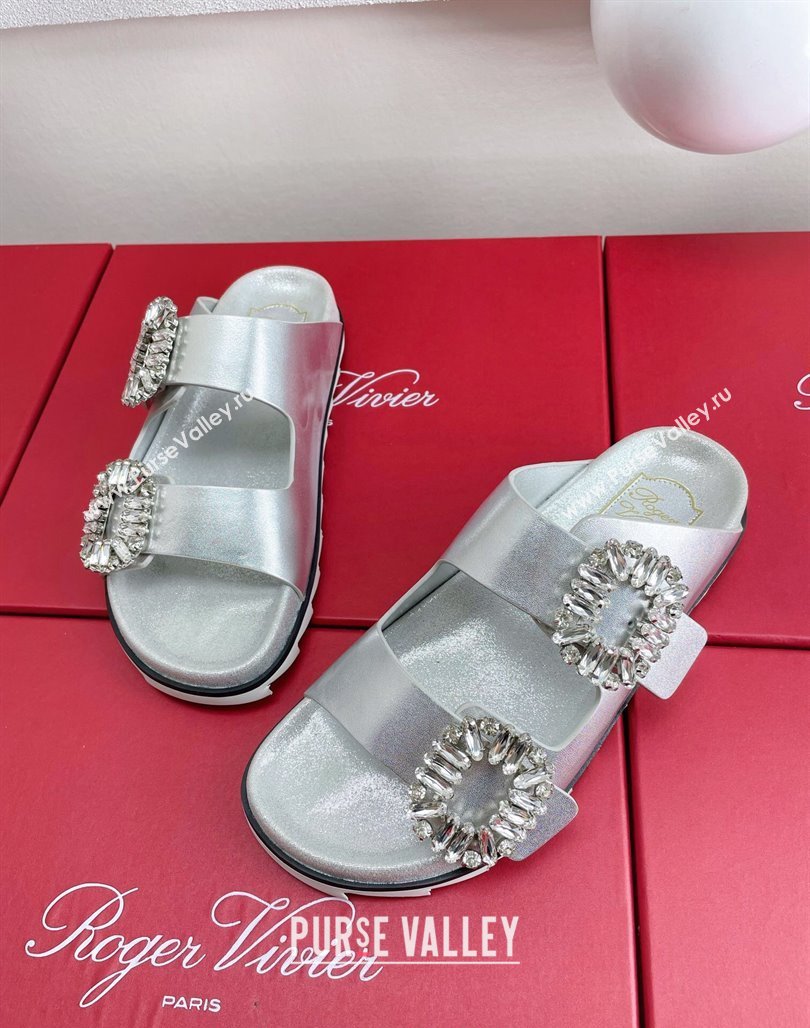 Roger Vivier Slidy Viv Strass Buckle Slides Sandal in Silver Calf Leather 2024 0703 (KL-240704045)