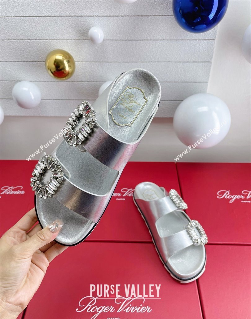 Roger Vivier Slidy Viv Strass Buckle Slides Sandal in Silver Calf Leather 2024 0703 (KL-240704045)