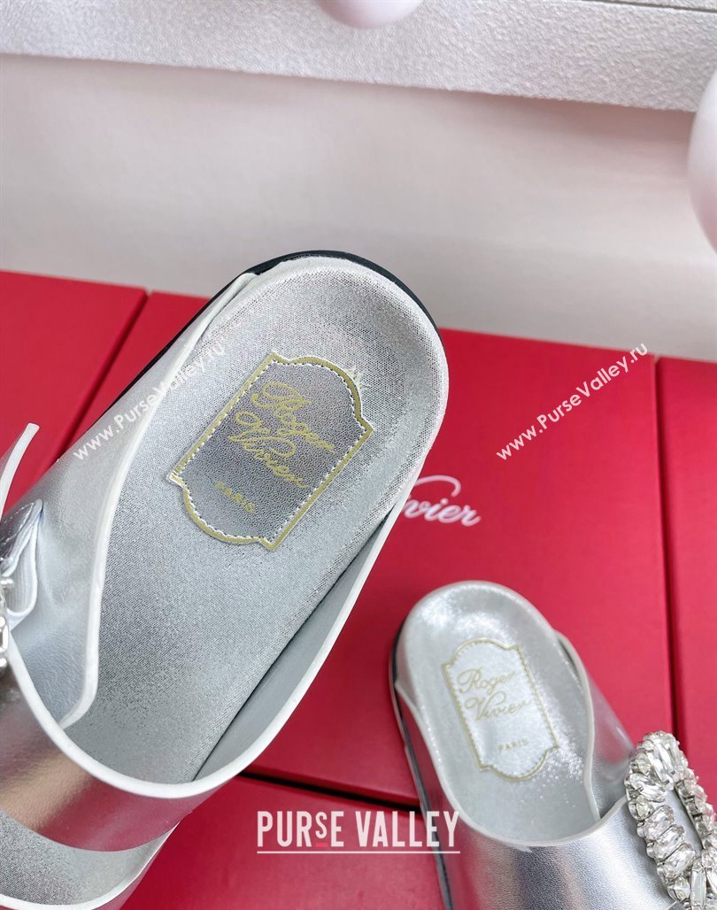 Roger Vivier Slidy Viv Strass Buckle Slides Sandal in Silver Calf Leather 2024 0703 (KL-240704045)