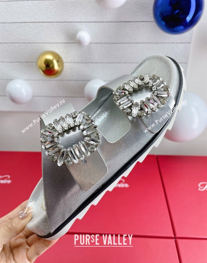 Roger Vivier Slidy Viv Strass Buckle Slides Sandal in Silver Calf Leather 2024 0703 (KL-240704045)