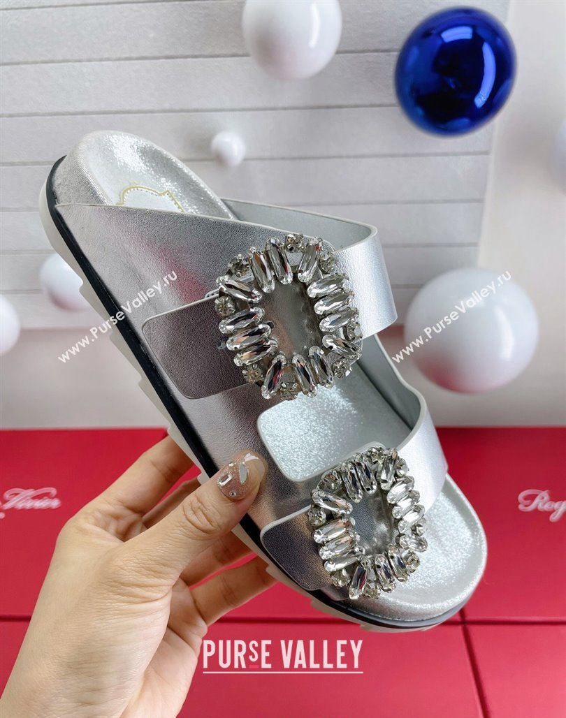 Roger Vivier Slidy Viv Strass Buckle Slides Sandal in Silver Calf Leather 2024 0703 (KL-240704045)