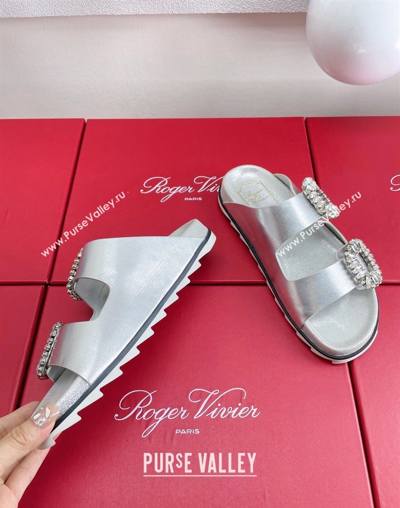 Roger Vivier Slidy Viv Strass Buckle Slides Sandal in Silver Calf Leather 2024 0703 (KL-240704045)