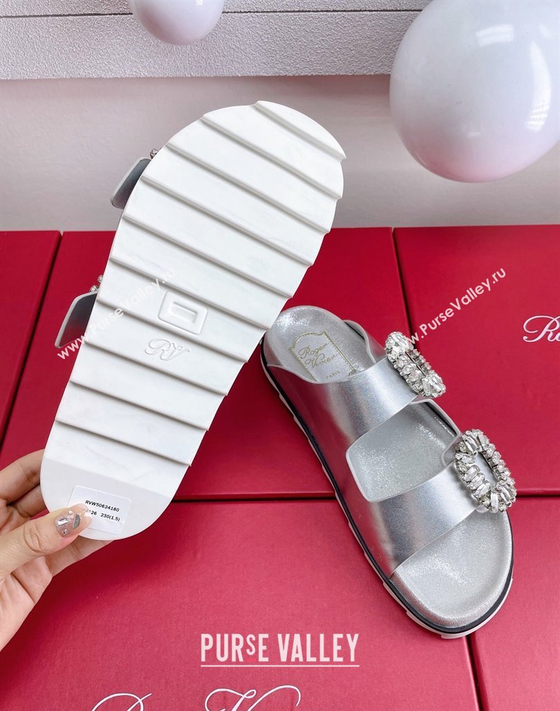 Roger Vivier Slidy Viv Strass Buckle Slides Sandal in Silver Calf Leather 2024 0703 (KL-240704045)