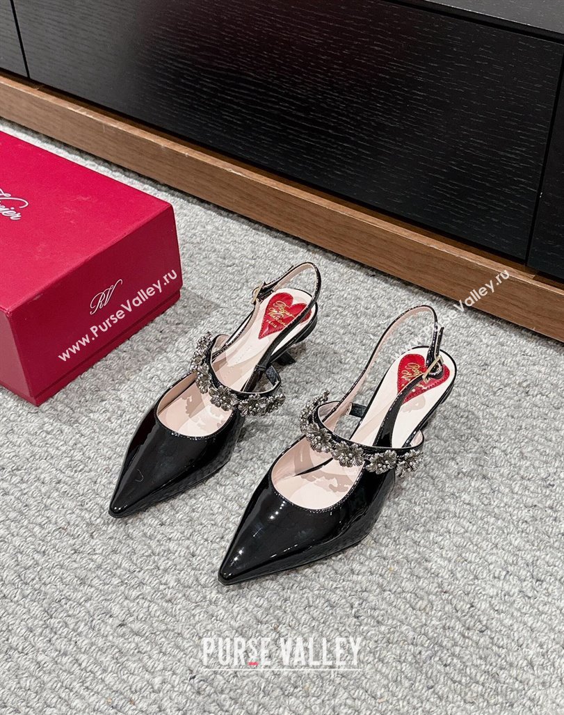 Roger Vivier Virgule Flower Slingback Pumps 5.5cm in Patent Leather Black 2024 (KL-240704031)