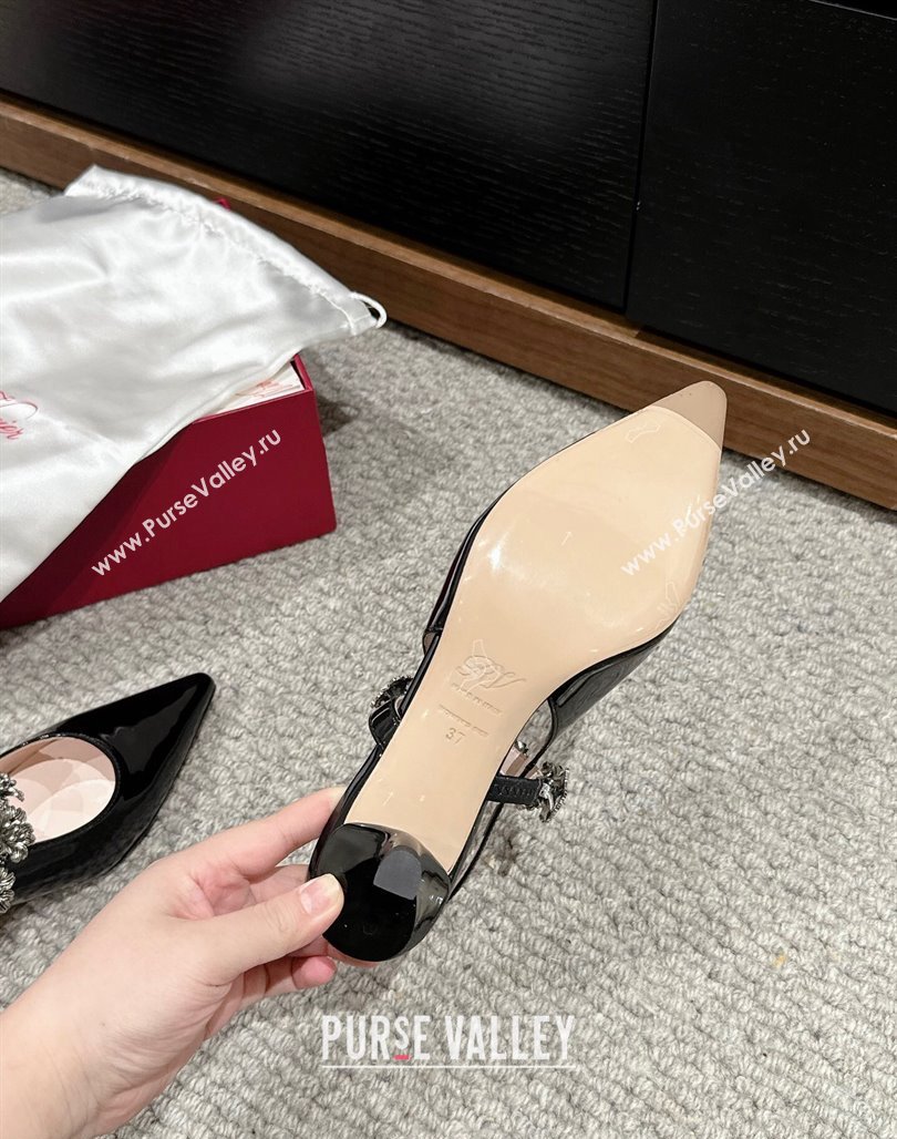 Roger Vivier Virgule Flower Slingback Pumps 5.5cm in Patent Leather Black 2024 (KL-240704031)