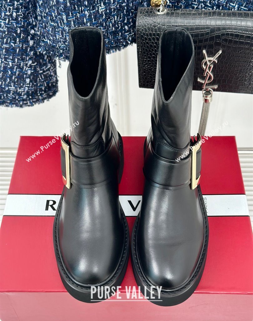 Roger Vivier Viv Rangers Ankle Biker Booties in Black Leather with Gold-Tone Buckle 2024 (MD-241010086)