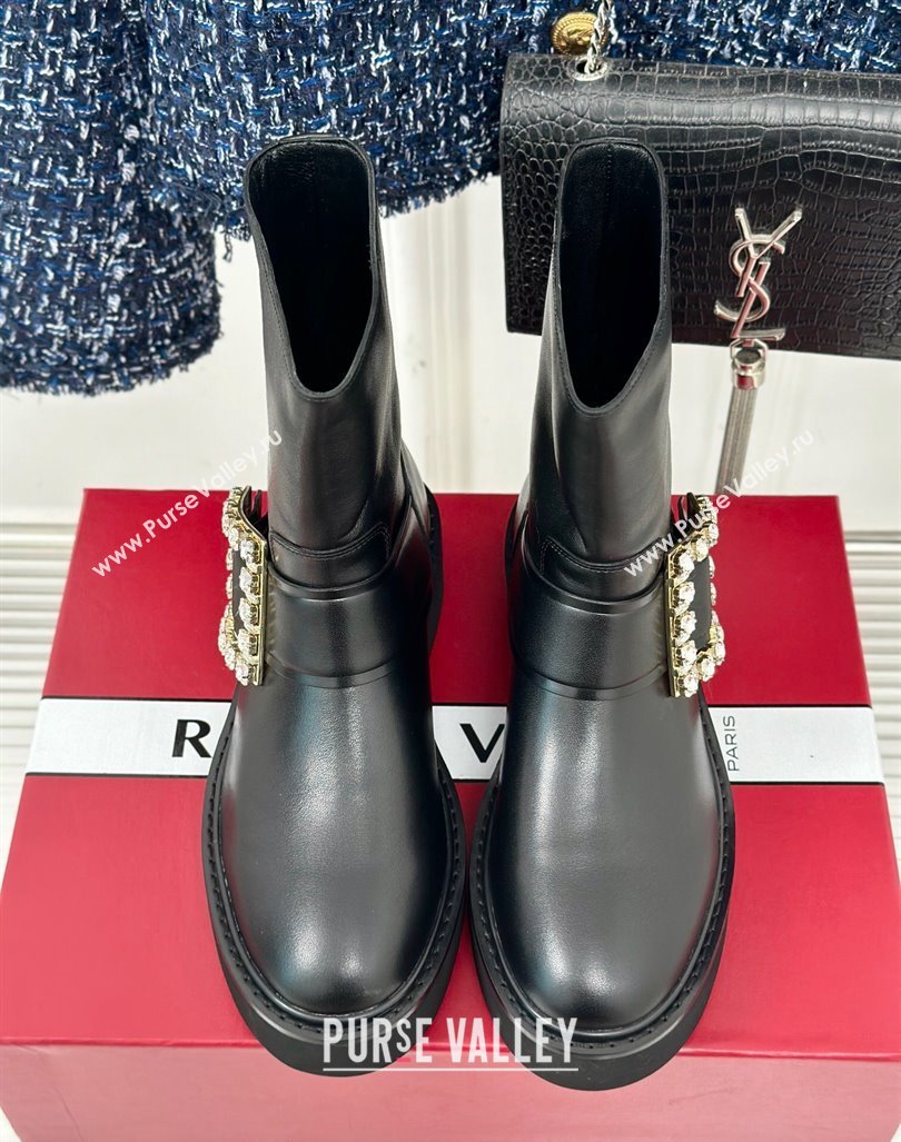 Roger Vivier Viv Rangers Ankle Biker Booties in Black Leather with Strass Buckle 2024 (MD-241010087)