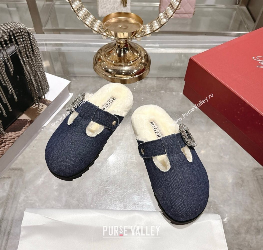 Roger Vivier Slidy Viv Mules 2.5cm in Denim and Wool with Strass Buckle Blue 2025 (SS-251030061)