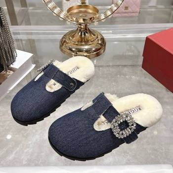 Roger Vivier Slidy Viv Mules 2.5cm in Denim and Wool with Strass Buckle Blue 2025 (SS-251030061)