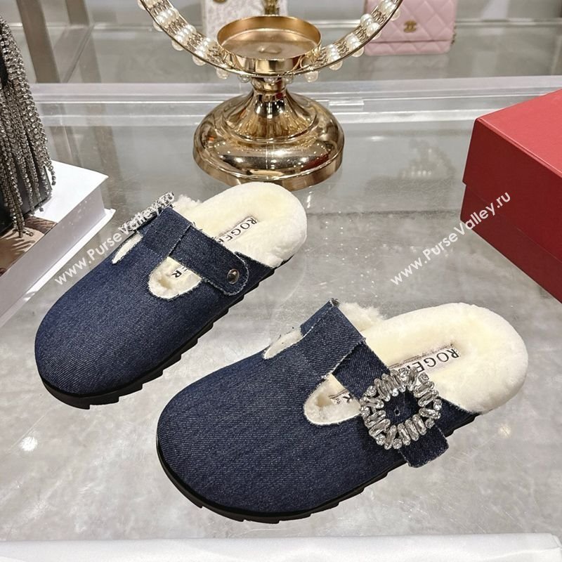 Roger Vivier Slidy Viv Mules 2.5cm in Denim and Wool with Strass Buckle Blue 2025 (SS-251030061)