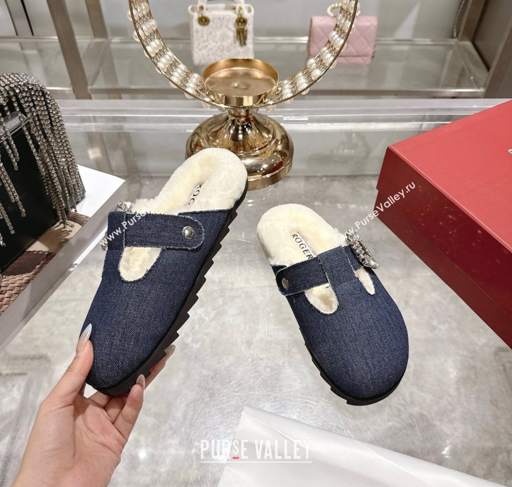 Roger Vivier Slidy Viv Mules 2.5cm in Denim and Wool with Strass Buckle Blue 2025 (SS-251030061)