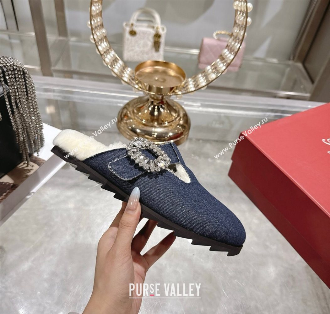 Roger Vivier Slidy Viv Mules 2.5cm in Denim and Wool with Strass Buckle Blue 2025 (SS-251030061)