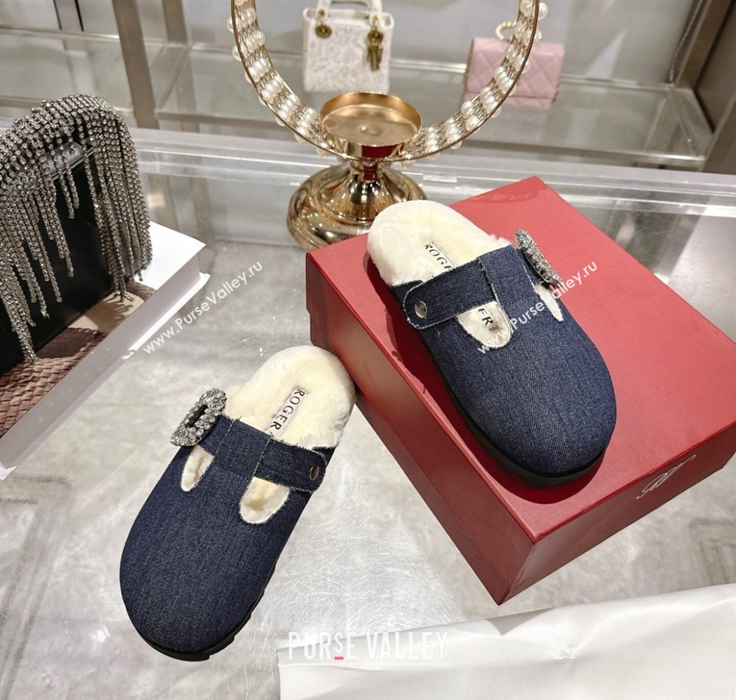 Roger Vivier Slidy Viv Mules 2.5cm in Denim and Wool with Strass Buckle Blue 2025 (SS-251030061)