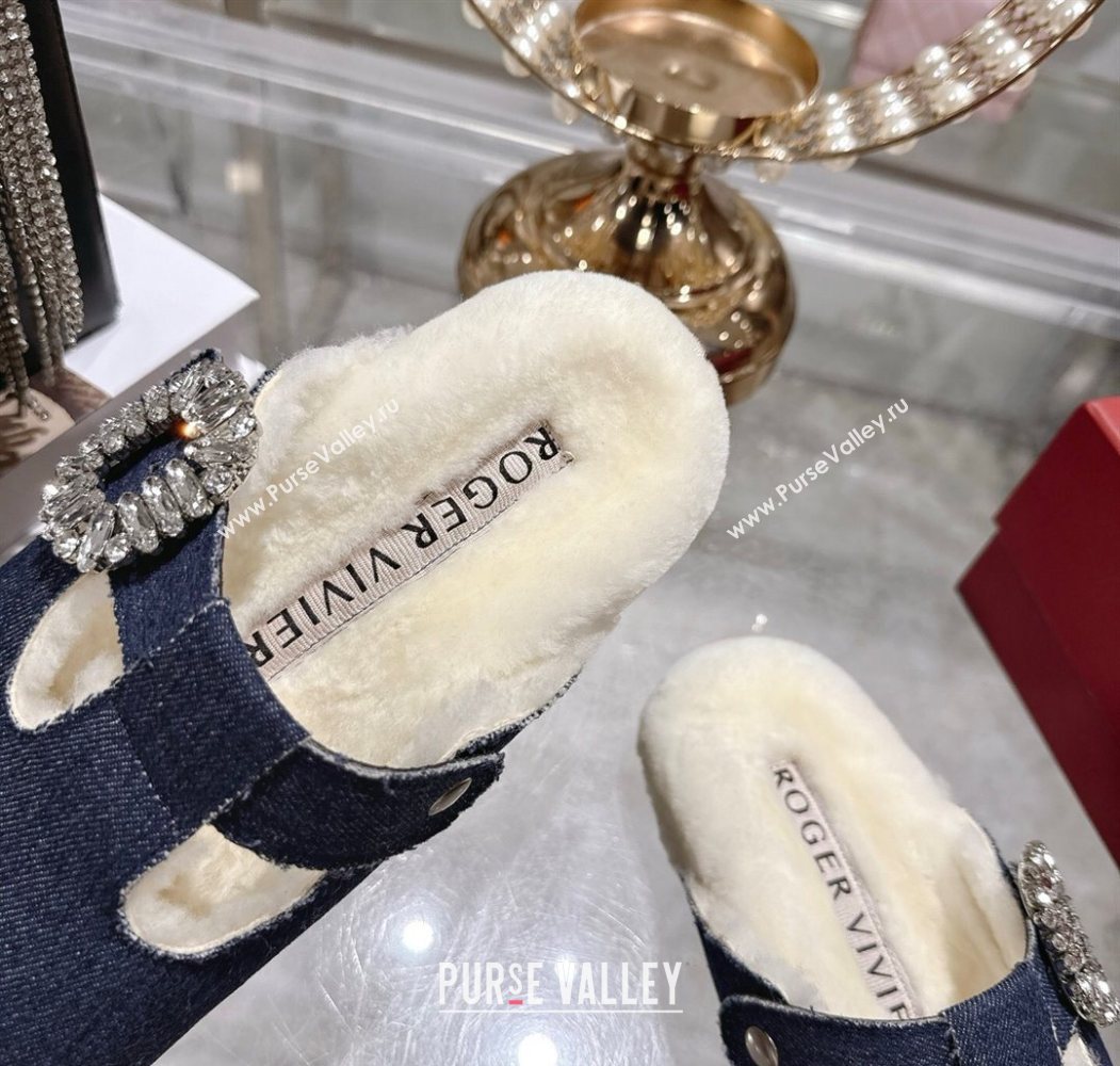 Roger Vivier Slidy Viv Mules 2.5cm in Denim and Wool with Strass Buckle Blue 2025 (SS-251030061)
