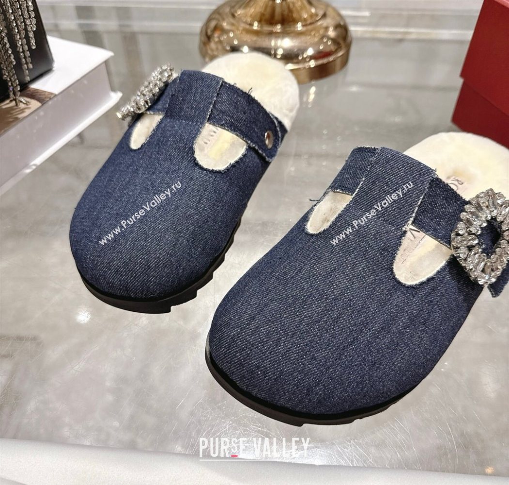 Roger Vivier Slidy Viv Mules 2.5cm in Denim and Wool with Strass Buckle Blue 2025 (SS-251030061)