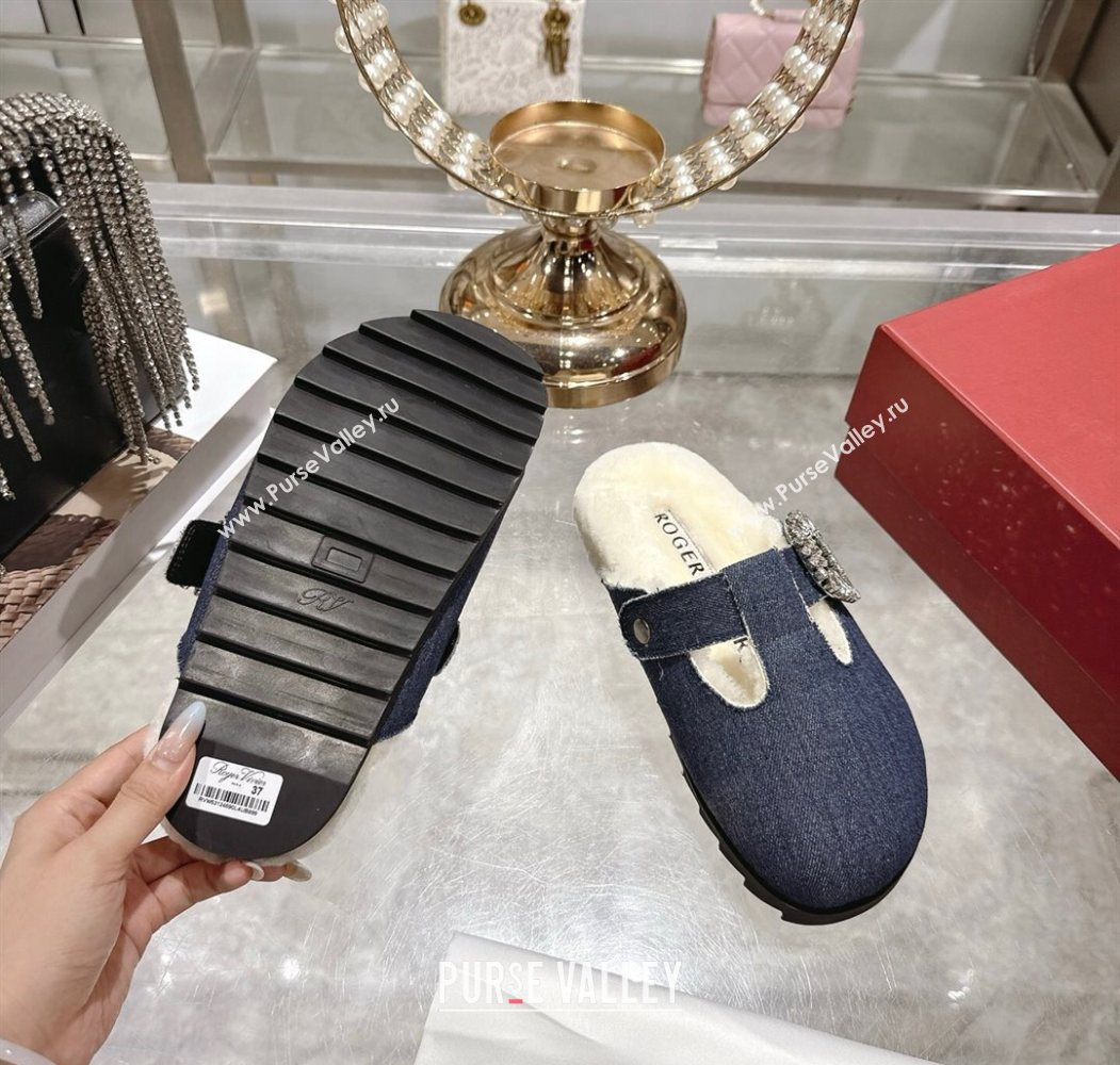 Roger Vivier Slidy Viv Mules 2.5cm in Denim and Wool with Strass Buckle Blue 2025 (SS-251030061)