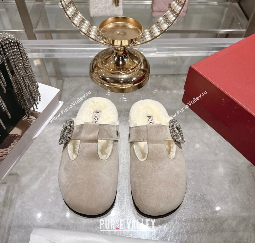 Roger Vivier Slidy Viv Mules 2.5cm in Suede and Wool with Strass Buckle Grey 2025 (SS-251030062)