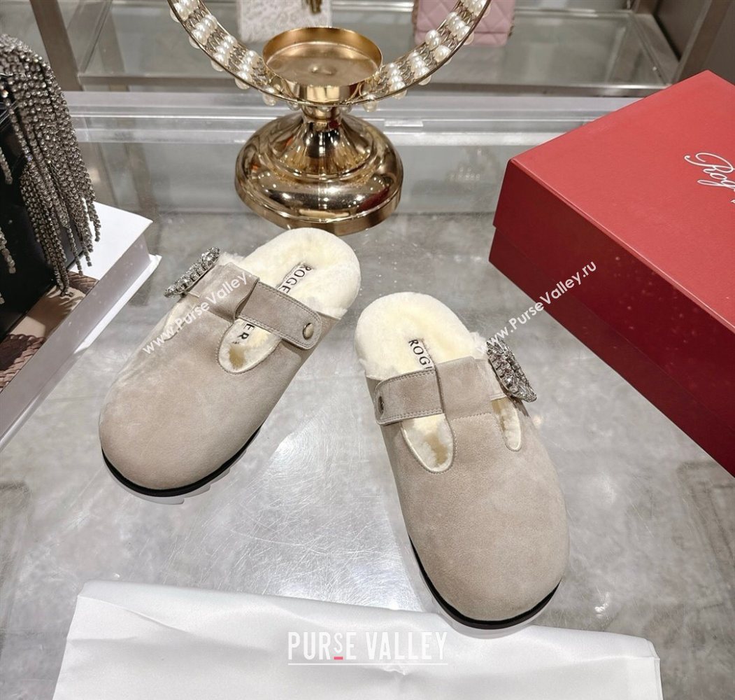 Roger Vivier Slidy Viv Mules 2.5cm in Suede and Wool with Strass Buckle Grey 2025 (SS-251030062)
