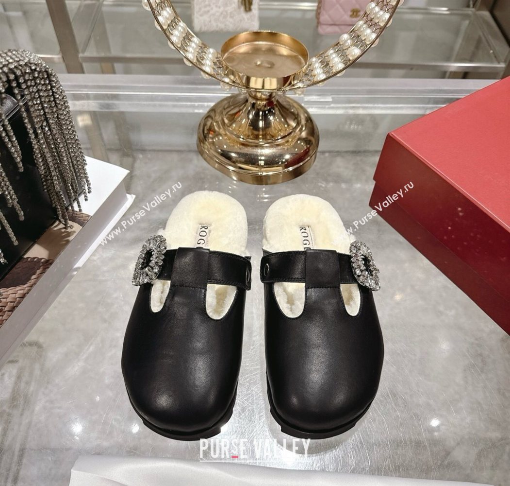Roger Vivier Slidy Viv Mules 2.5cm in Leather and Wool with Strass Buckle Black 2025 (SS-251030060)