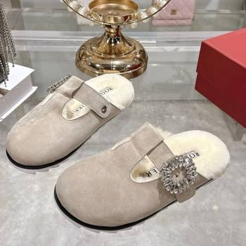 Roger Vivier Slidy Viv Mules 2.5cm in Suede and Wool with Strass Buckle Grey 2025 (SS-251030062)