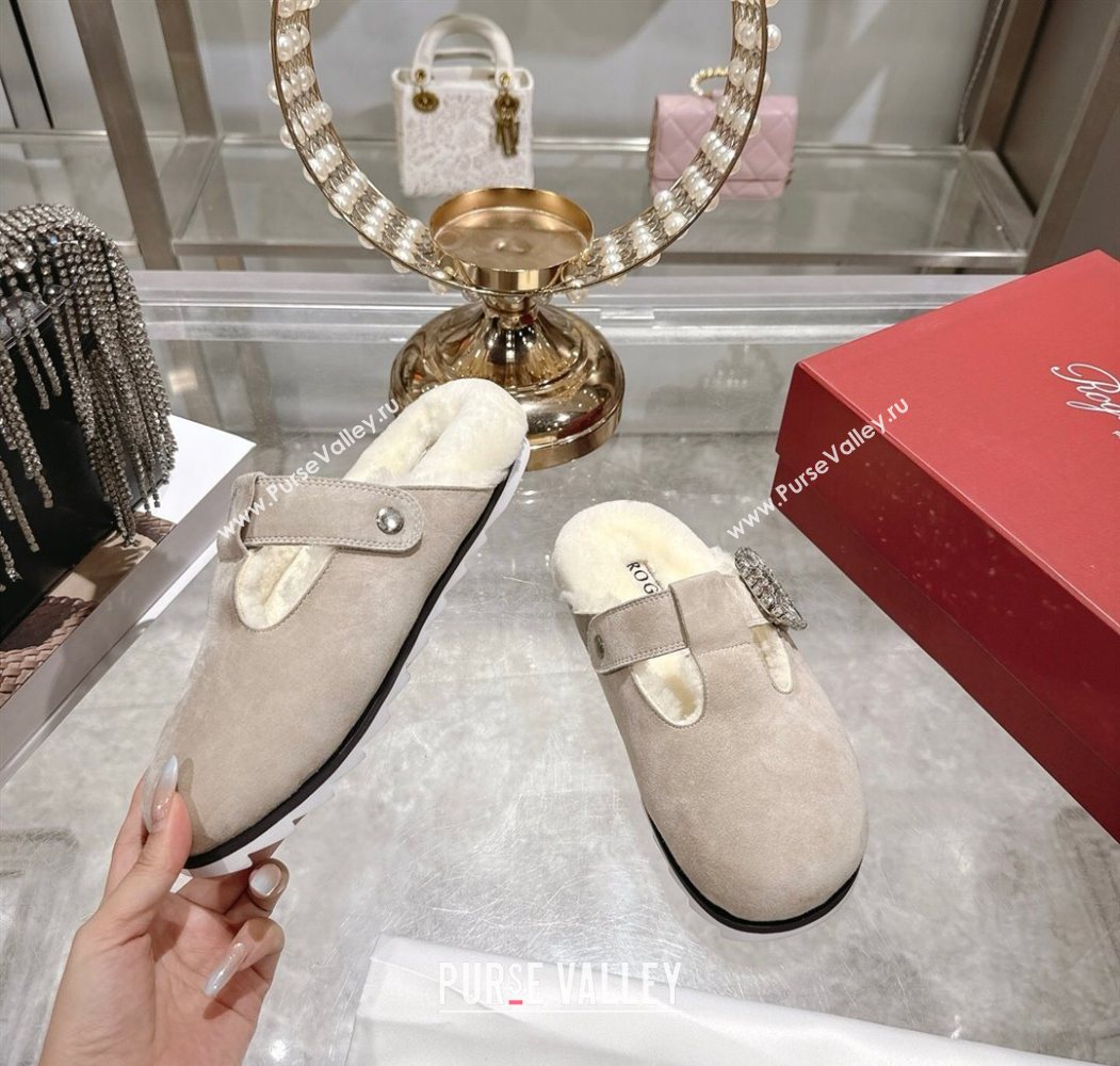 Roger Vivier Slidy Viv Mules 2.5cm in Suede and Wool with Strass Buckle Grey 2025 (SS-251030062)